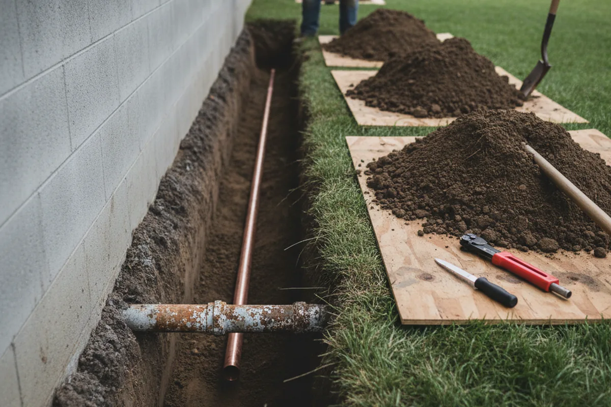 Excavated water line trench during Sewer Line Repair in Glade Park